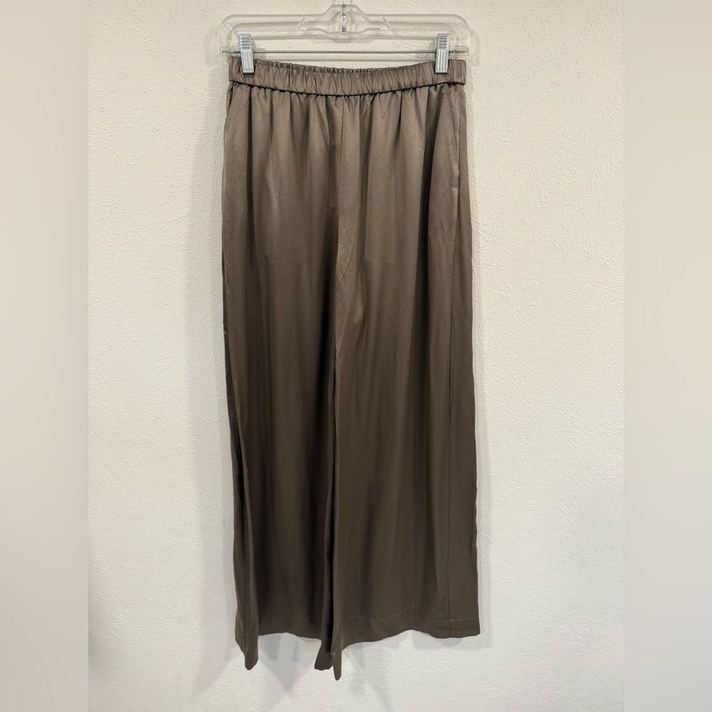 H&M Silk Blend Wide Leg Trousers Green Olive Gold Sz 4 NWT